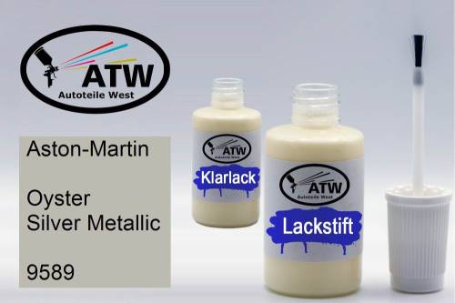 Aston-Martin, Oyster Silver Metallic, 9589: 20ml Lackstift + 20ml Klarlack - Set, von ATW Autoteile West.